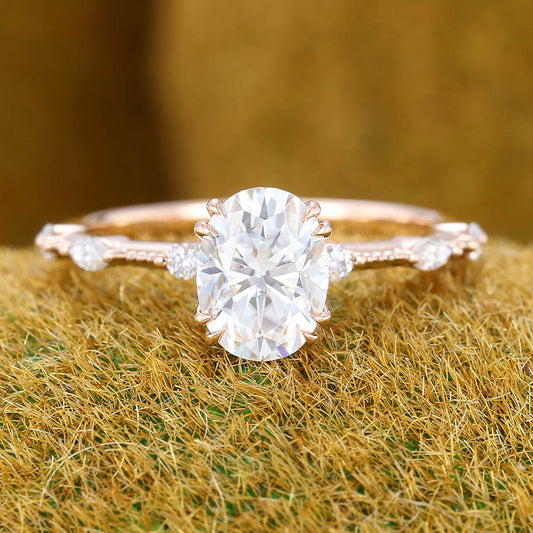 1.3CT Oval Cut Moissanite Engagement Ring with Petite Accents & Beaded Detailing