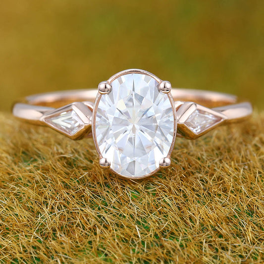 1.3CT Oval Cut Moissanite Engagement Ring with Bezel Kite Accent Stones