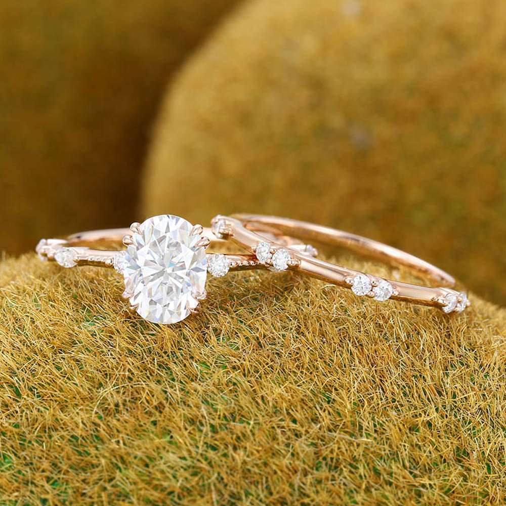 Vintage 1.3CT Oval Cut Moissanite Engagement Ring Set with Petite Accents & Milgrain Detailing