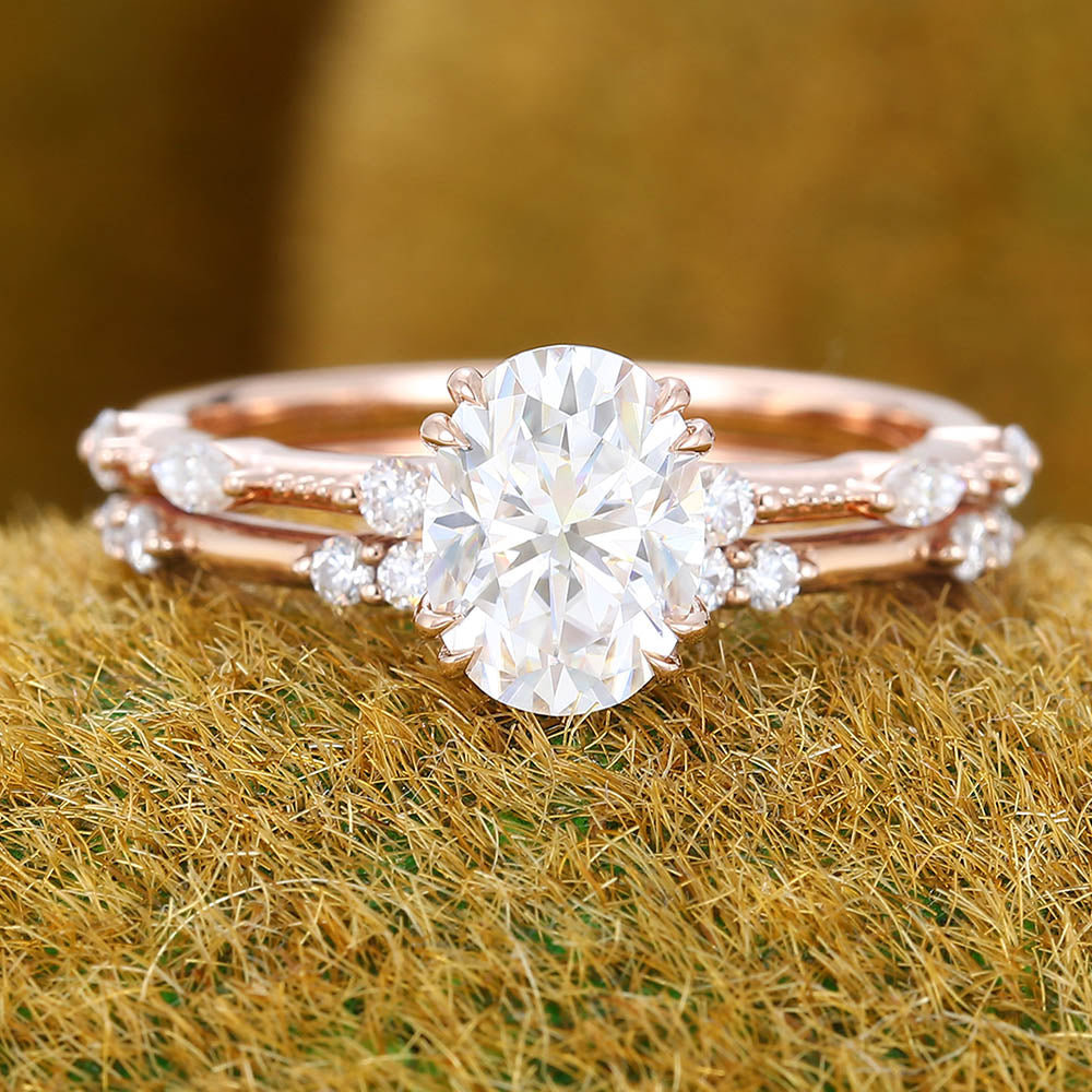 Vintage 1.3CT Oval Cut Moissanite Engagement Ring Set with Petite Accents & Milgrain Detailing