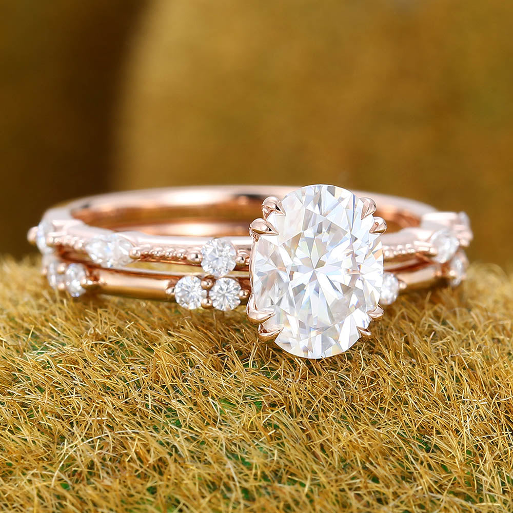 Vintage 1.3CT Oval Cut Moissanite Engagement Ring Set with Petite Accents & Milgrain Detailing