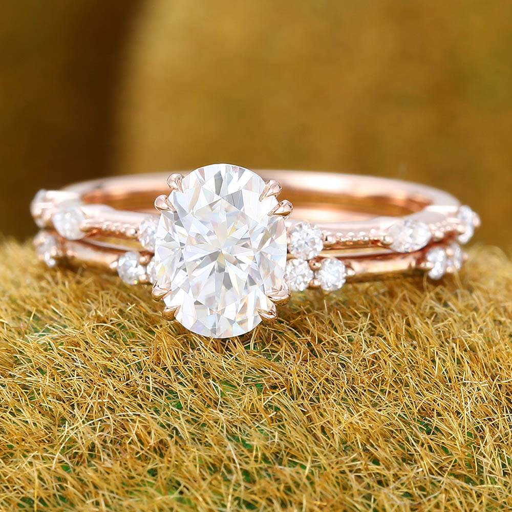 Vintage 1.3CT Oval Cut Moissanite Engagement Ring Set with Petite Accents & Milgrain Detailing