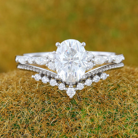 1.3ct Oval Cut Moissanite Engagement Ring Set with Petite Accents & Beaded Design