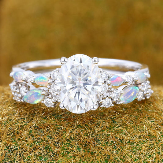 Oval Cut Moissanite Engagement Ring Set Opal Accent 2PCS Half Eternity Rings