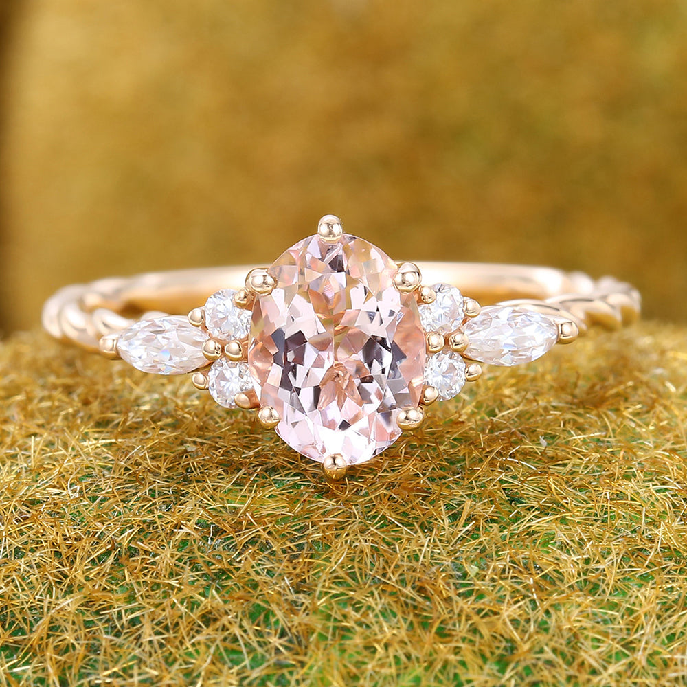 Oval Cut Morganite Engagement Ring with 3/4 Twisted Band