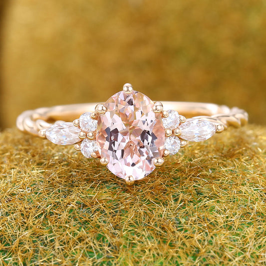 Oval Cut Morganite Engagement Ring with 3/4 Twisted Band