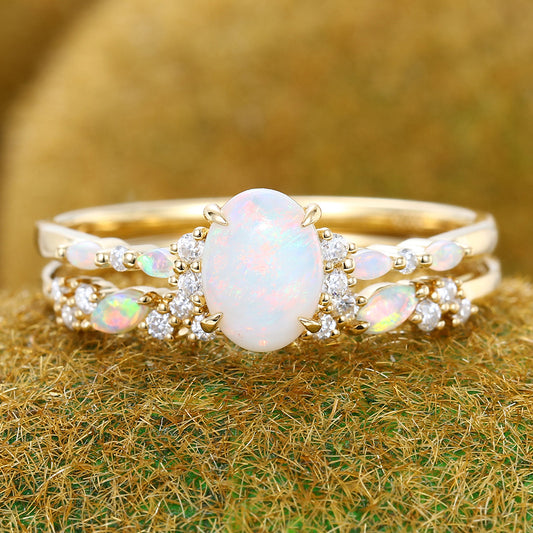 Claw Prongs Oval Cut Opal Engagement Ring Set in Yellow Gold 2PCS