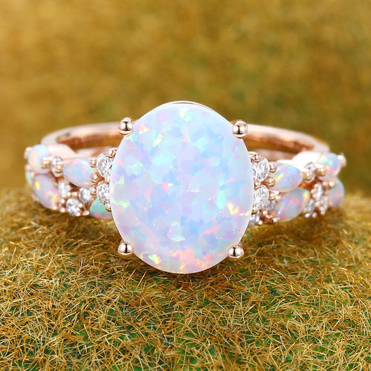 Large Oval Cut Opal Engagement Ring Set 2PCS Half Eternity Bridal Ring Set