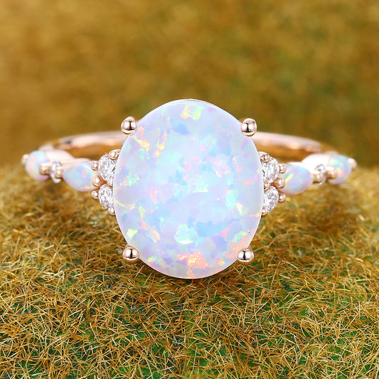 Large Oval Cut Opal Engagement Ring Half Eternity Bridal Ring