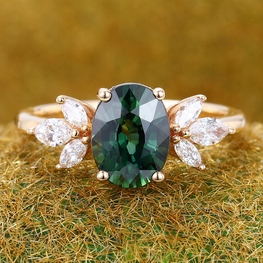 Oval Cut Green Blue Sapphire Engagement Ring with Sparkle Cluster Accents