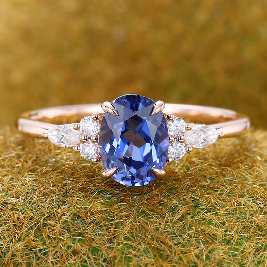 Oval Cut Cornflower Sapphire Cluster With Moissanite Engagement Ring