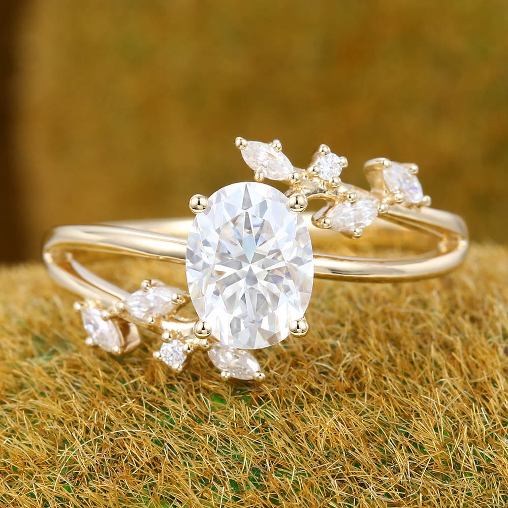 Oval Moissanite engagement ring Vintage Yellow gold engagement ring Marquise cut Diamond Cluster ring Wedding Promise Anniversary gift