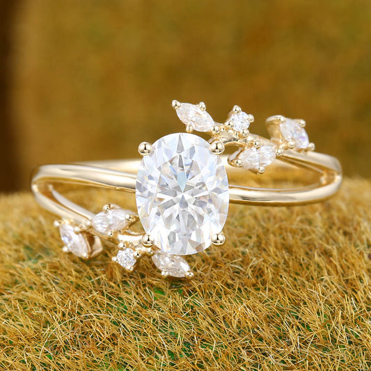 Oval Moissanite engagement ring Vintage Yellow gold engagement ring Marquise cut Diamond Cluster ring Wedding Promise Anniversary gift