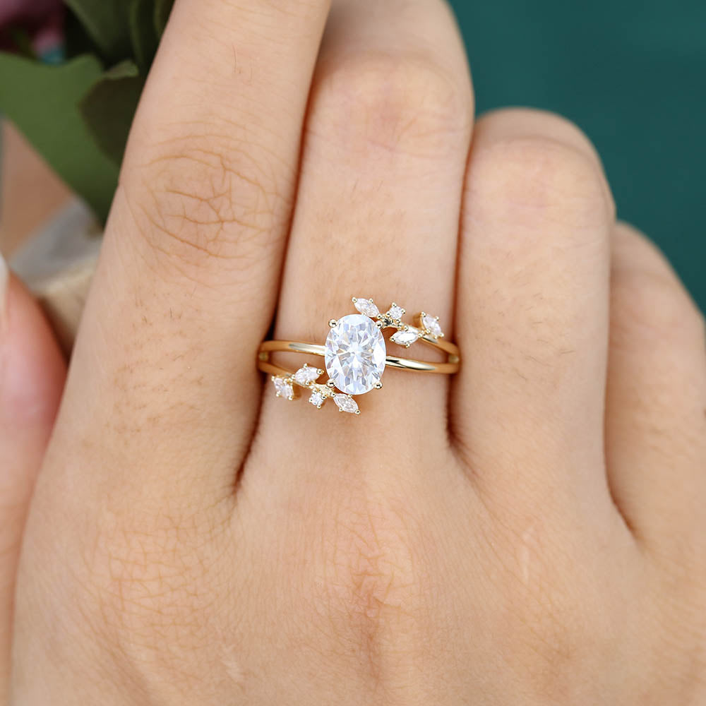 Oval Moissanite engagement ring Vintage Yellow gold engagement ring Marquise cut Diamond Cluster ring Wedding Promise Anniversary gift