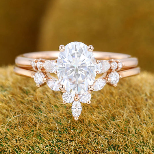 Oval Moissanite engagement ring set Vintage Unique rose gold engagement ring Antique Pear shaped Diamond ring Curved Bridal Anniversary ring
