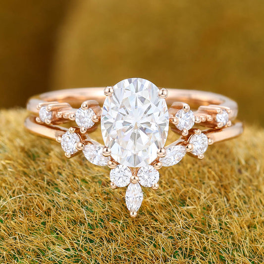 Oval Moissanite engagement ring set Vintage marquise cut Diamond ring Milgrain ring Unique Rose gold Bridal set Promise Anniversary ring