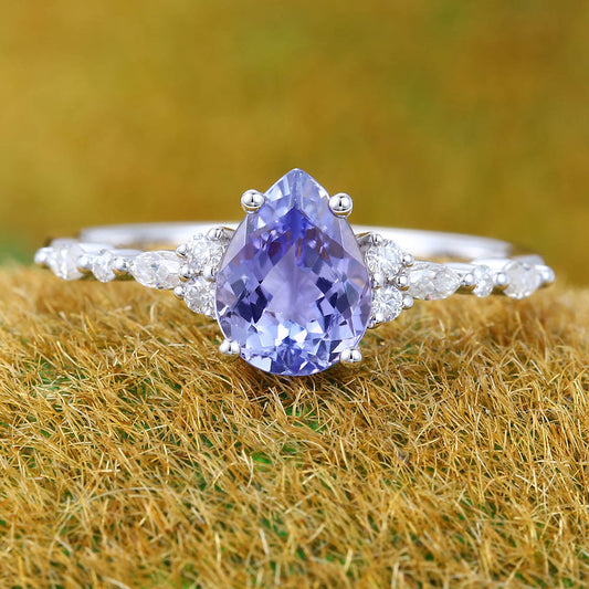 1CT Pear Cut Tanzanite Engagement Ring with Marquise & Round Cluster