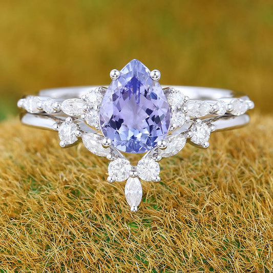 1CT Pear Cut Tanzanite Engagement Ring Set with Marquise & Round Cluster Accents