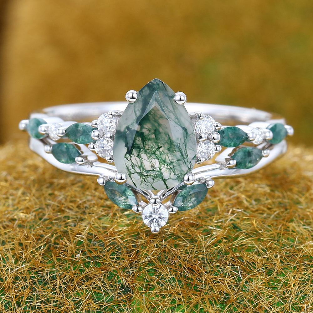 2PCS Pear Cut Moss Agate Engagement Ring Set with Cluster Accents