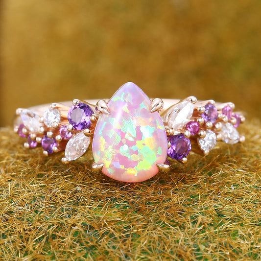 Pear Shaped Pink Opal Engagement Ring with Multi-Stone Cluster
