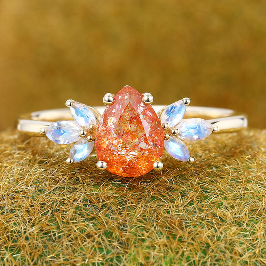 Pear Cut Sunstone Engagement Ring with Moonstone Cluster