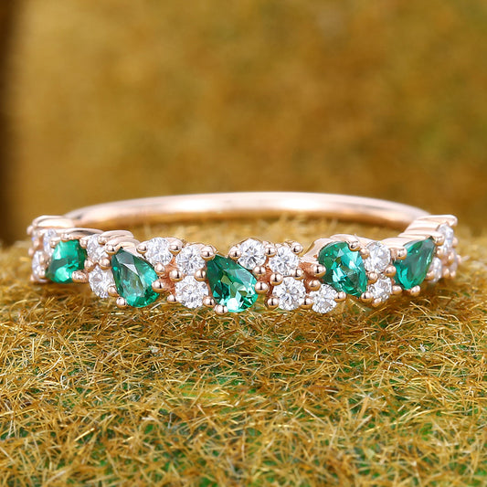 Half Eternity Pear Emerald Wedding Band Bridal Matching Stackable Ring