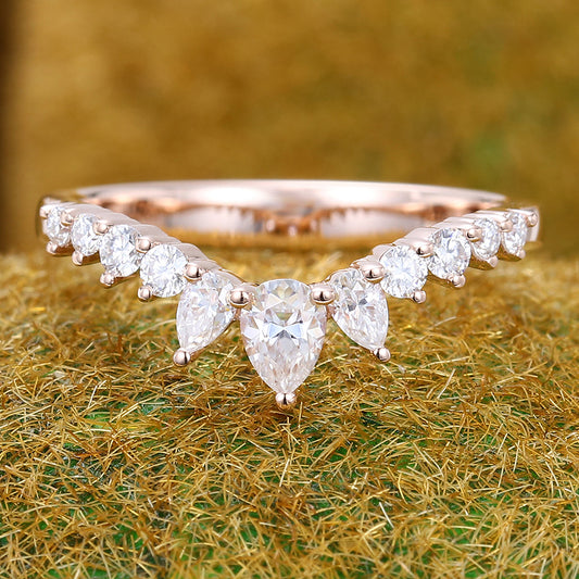 Pear Moissanite Curved Wedding Band Half Eternity Stackable Bridal Ring