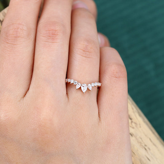 Pear Moissanite Curved Wedding Band Half Eternity Stackable Bridal Ring