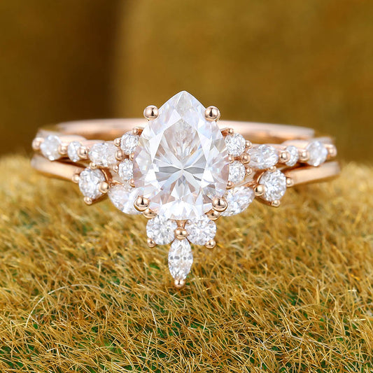 Pear Moissanite engagement ring set vintage Unique rose gold bridal set Antique Marquise Diamond ring set Promise Anniversary ring for women
