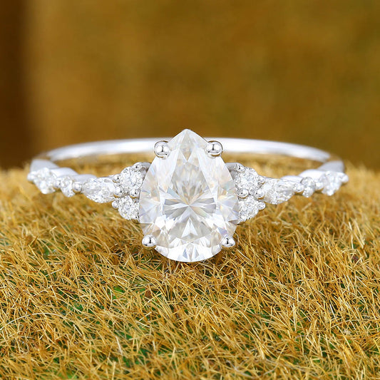 Pear Moissanite engagement ring vintage Unique white gold engagement ring Marquise Diamond Cluster ring Art deco Promise Anniversary ring