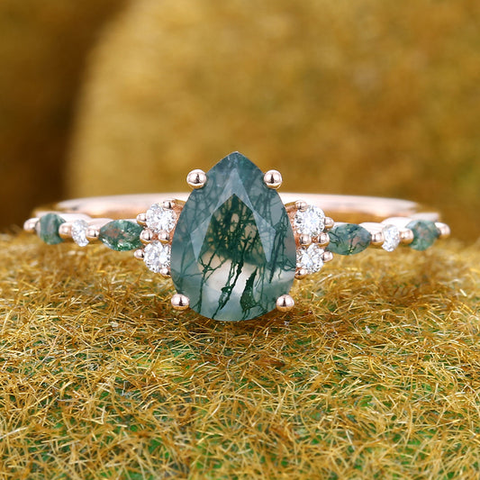 Pear Shape Moss Agate Engagement Ring with Moss Agate & Moissanite Cluster
