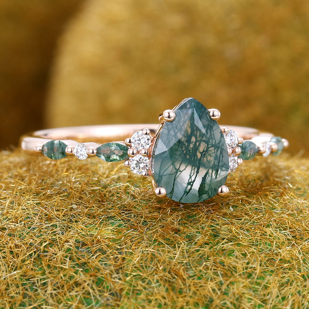 Pear Shape Moss Agate Engagement Ring with Moss Agate & Moissanite Cluster