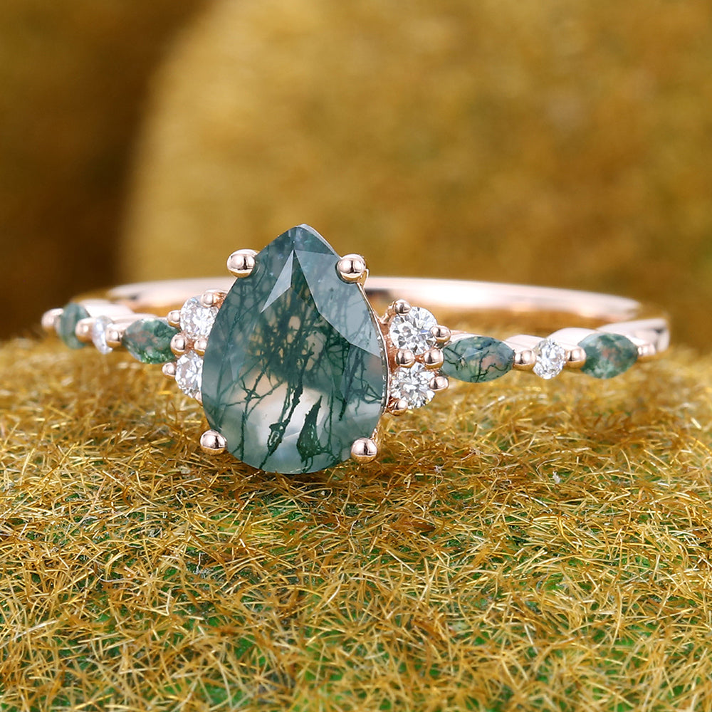 Pear Shape Moss Agate Engagement Ring with Moss Agate & Moissanite Cluster