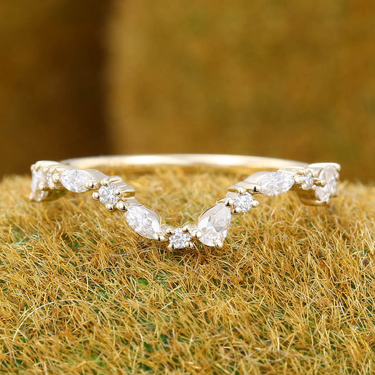 Pear shaped Moissanite wedding band Unique yellow gold Curved wedding band Vintage marquise Diamond band Bridal Matching Stacking band