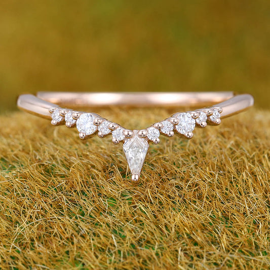 Petite Kite & Round Moissanite Curved Wedding Band Delicate Bridal Matching & Stacking Ring