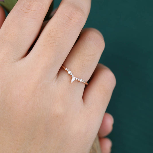 Petite Kite & Round Moissanite Curved Wedding Band Delicate Bridal Matching & Stacking Ring