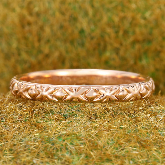 Rose Gold Solid Wedding Band Vintage Engraved Ring