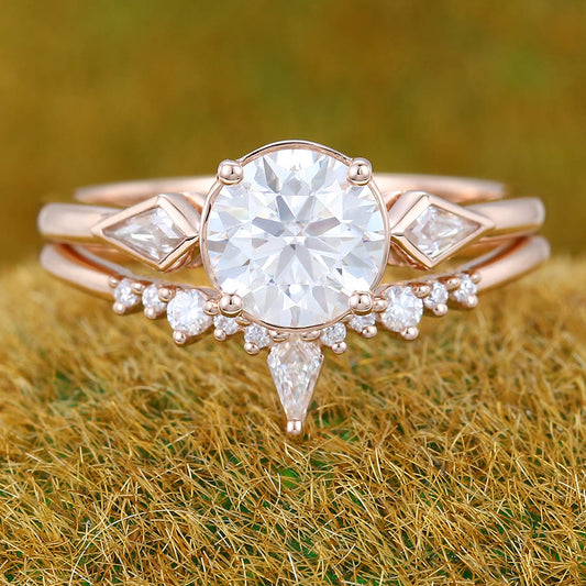 1CT Round Cut Moissanite Engagement Ring Set with Petite Moissanite Accents