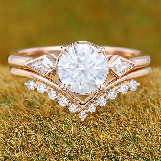 1CT Round Cut Moissanite Engagement Ring Set with Petite Round Moissanite Accent Bridal Band