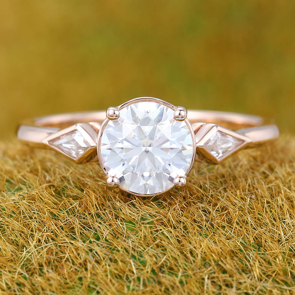 1CT Round Cut Moissanite Engagement Ring with Kite Accents Promise Ring