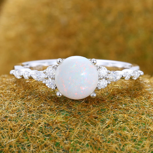 Round Cut Opal Engagement Ring with Moissanite Cluster Accents In White Gold