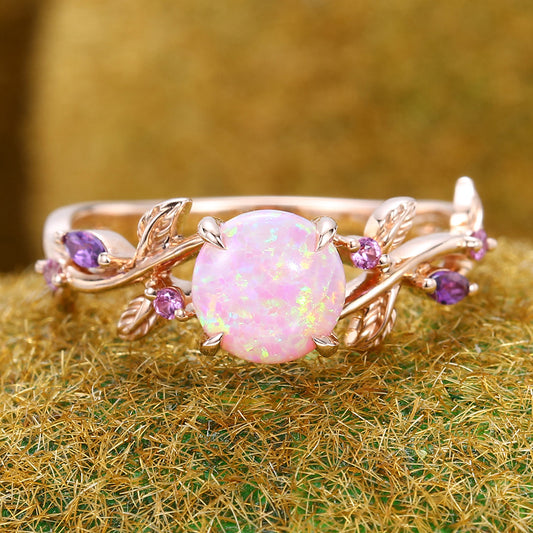 Round Pink Opal Engagement Ring Nature-Inspired Twisted Design