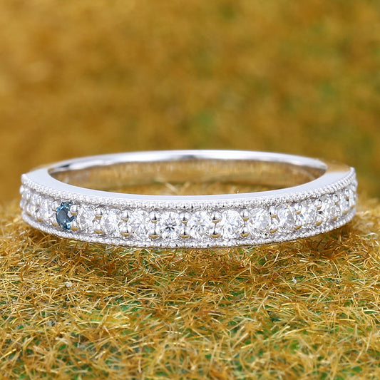 Round London Blue Topaz & Moissanite Wedding Band Half Eternity Stackable Bridal Ring