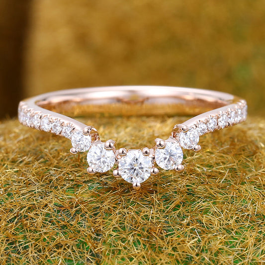 Round Moissanite Curved Wedding Band Half Eternity Stackable Bridal Ring