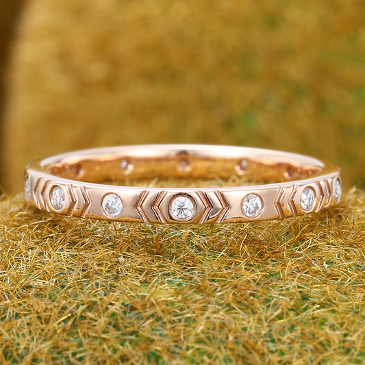 Round Moissanite Wedding Band Chevron Engraved Eternity Ring
