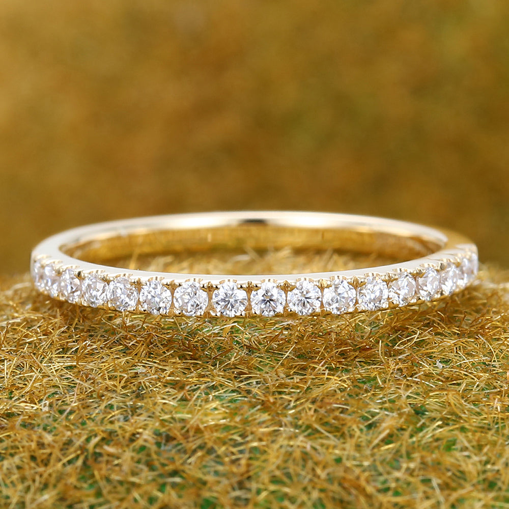 Round Moissanite Wedding Band in Yellow Gold Half Eternity Stackable Bridal Ring