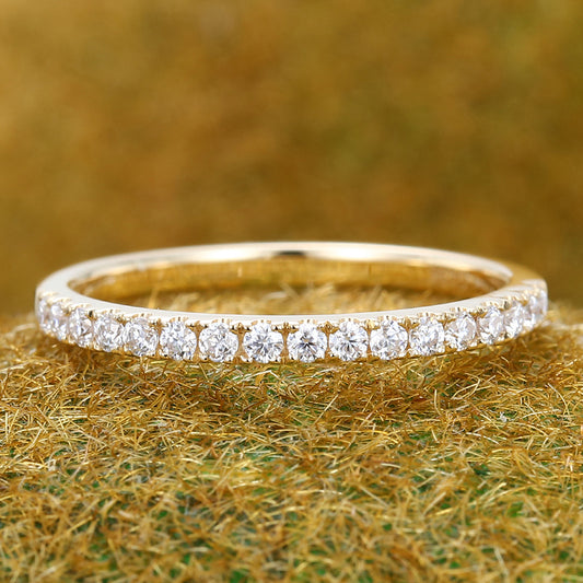 Round Moissanite Wedding Band in Yellow Gold Half Eternity Stackable Bridal Ring