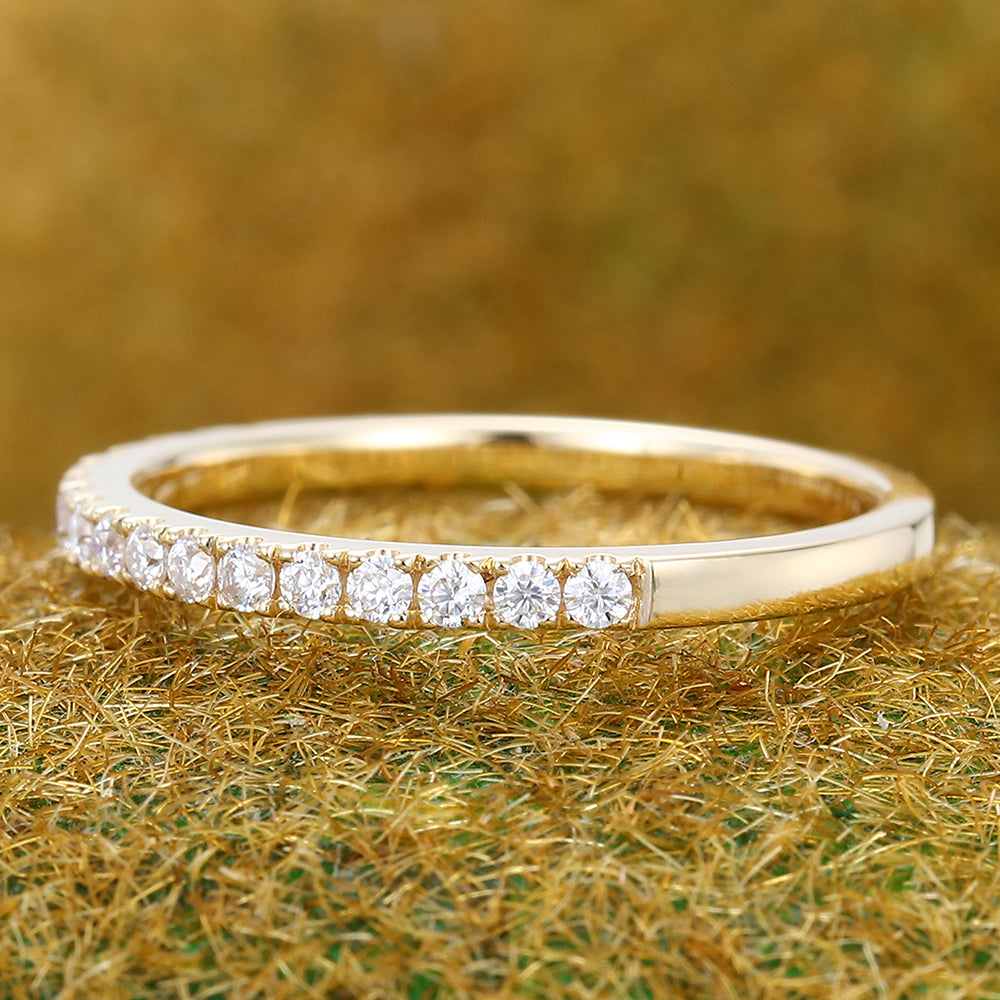 Round Moissanite Wedding Band in Yellow Gold Half Eternity Stackable Bridal Ring