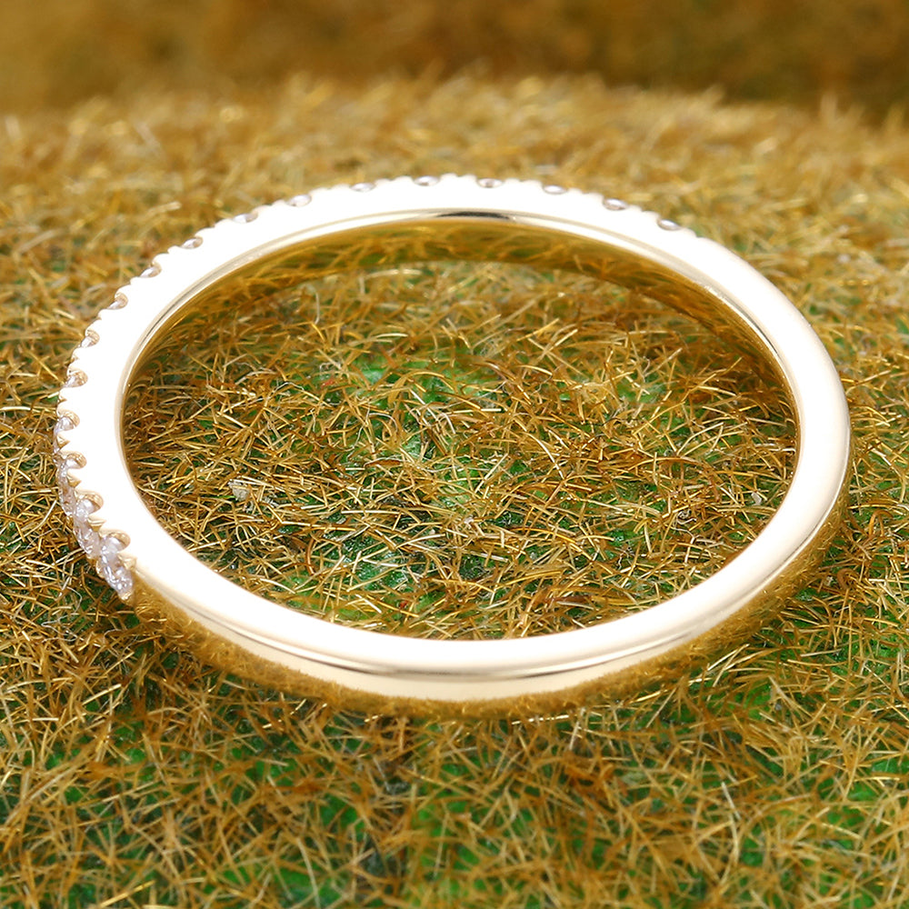 Round Moissanite Wedding Band in Yellow Gold Half Eternity Stackable Bridal Ring