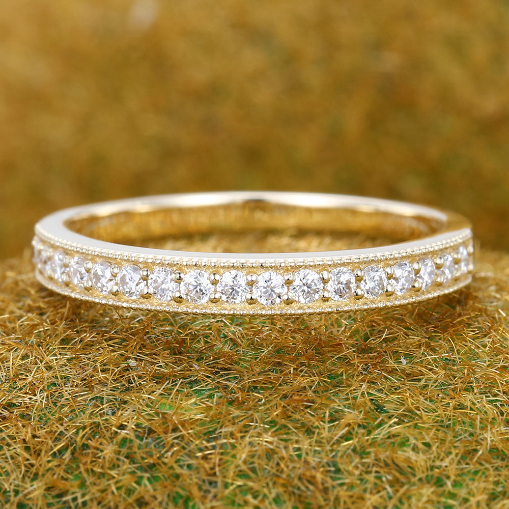 Beaded Pavé Round Moissanite Wedding Band Half Eternity Ring